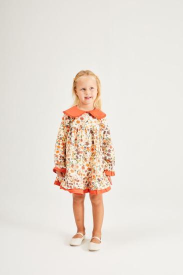 Turuncu Yakalı Çicekli Elbise