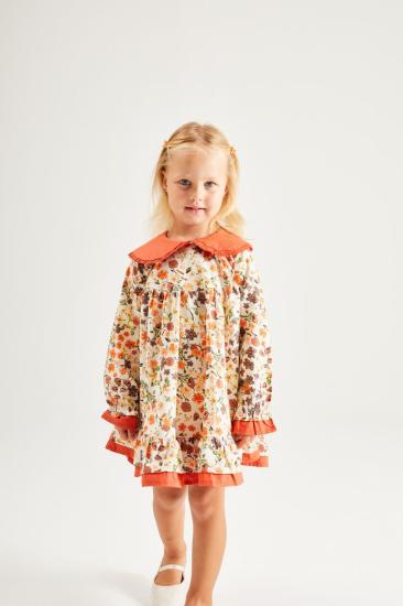 Turuncu Yakalı Çicekli Elbise