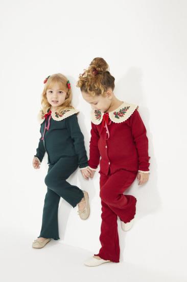 Koyu Kırmızı Yakası Nakışlı Fitilli Takım